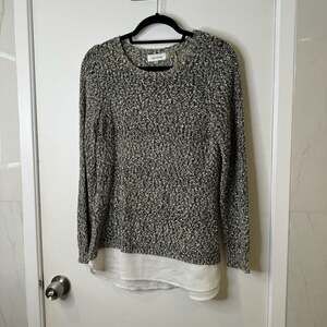 Calvin Klein Black & White Knit Sweater w/ Faux Chiffon Hem